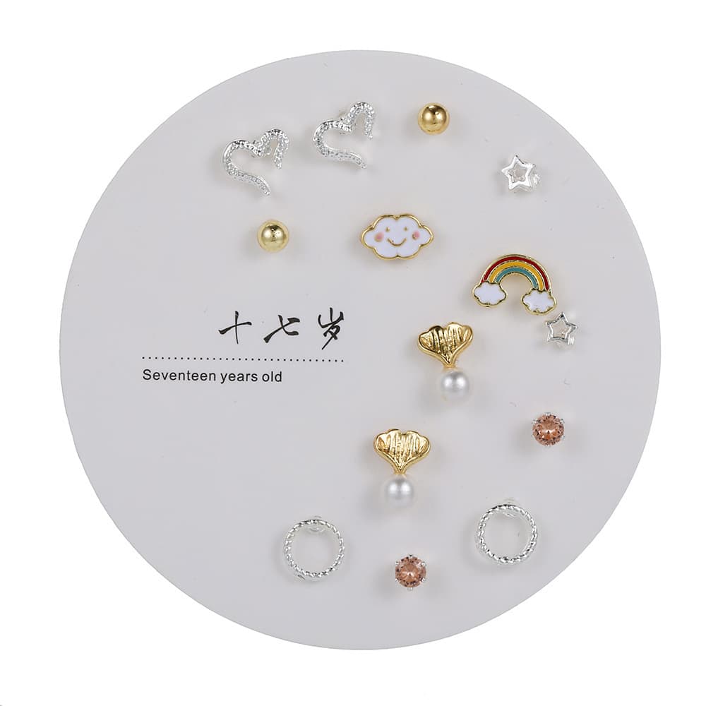 S925 silver earrings new Korean style cold style new style trendy simple ear piercing one week earring set 6