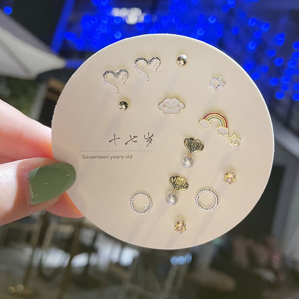 S925 silver earrings new Korean style cold style new style trendy simple ear piercing one week earring set 8