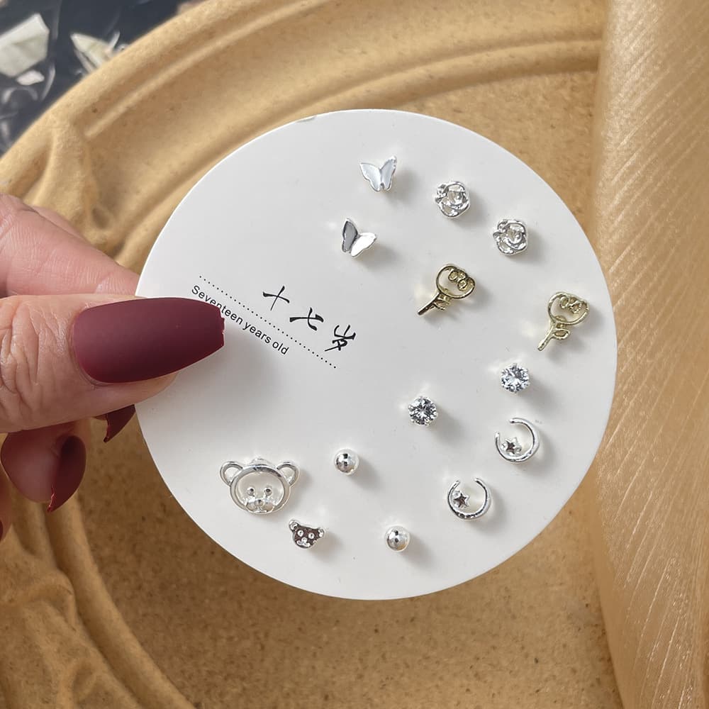 S925 silver earrings new Korean style cold style new style trendy simple ear piercing one week earring set 10