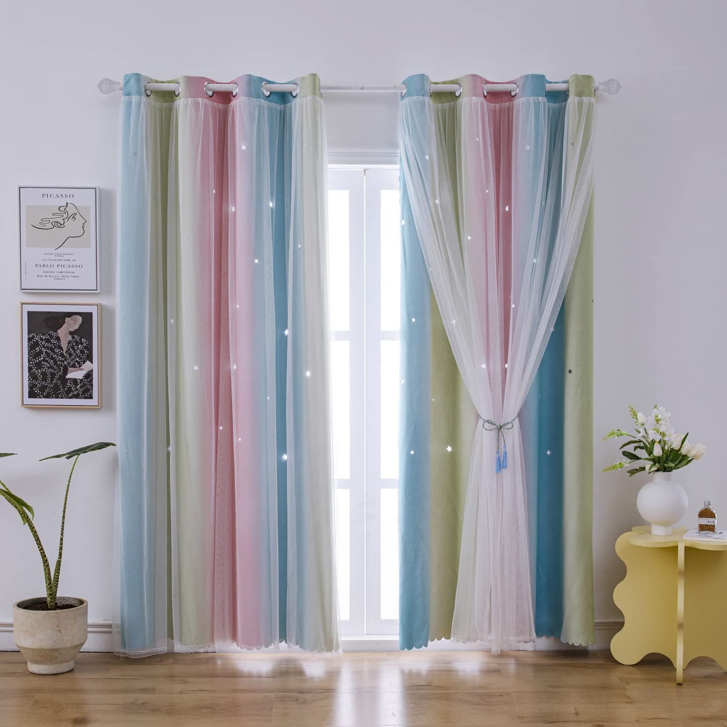 Hot style punched gradient hollow star printed fabric plus yarn double layer blackout curtain factory cross-border foreign trade curtain batch 2