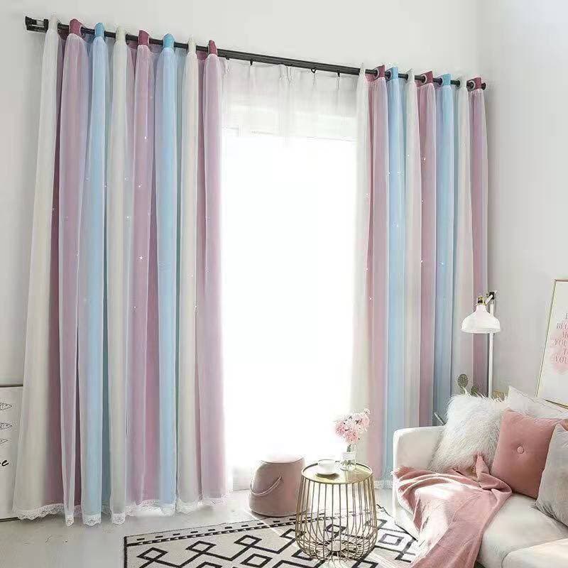 Hot style punched gradient hollow star printed fabric plus yarn double layer blackout curtain factory cross-border foreign trade curtain batch 7