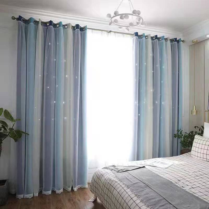Hot style punched gradient hollow star printed fabric plus yarn double layer blackout curtain factory cross-border foreign trade curtain batch 8