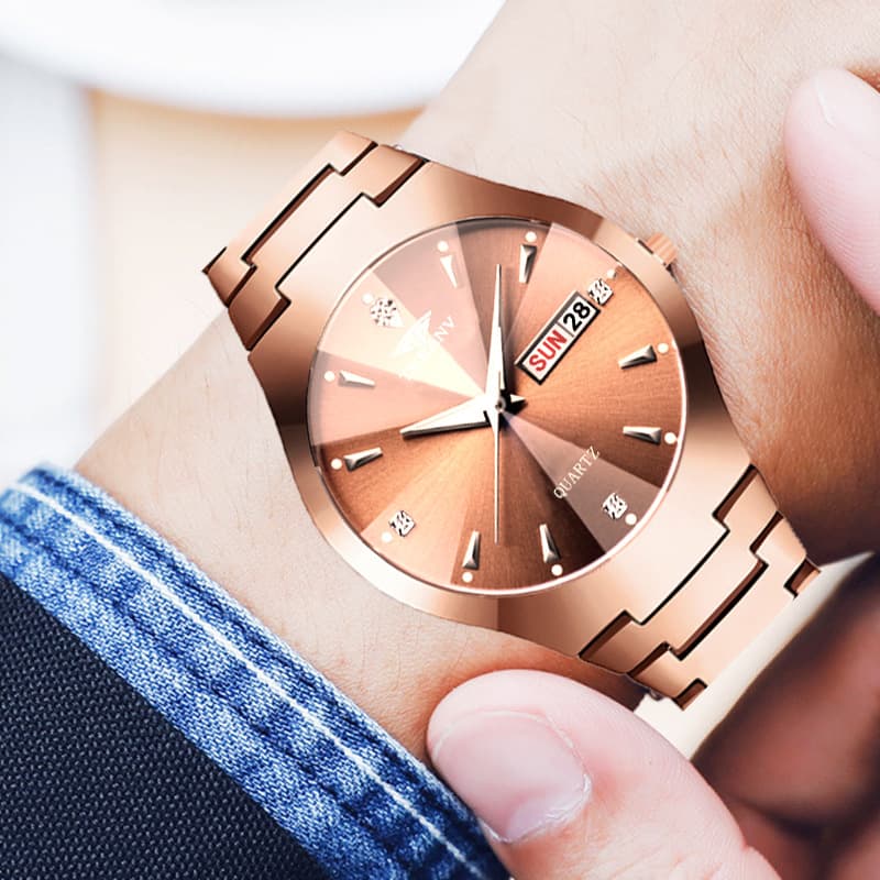 Fashion rose gold men's and women's watches fashion watches couple watches calendar luminous waterproof tungsten steel watch 1