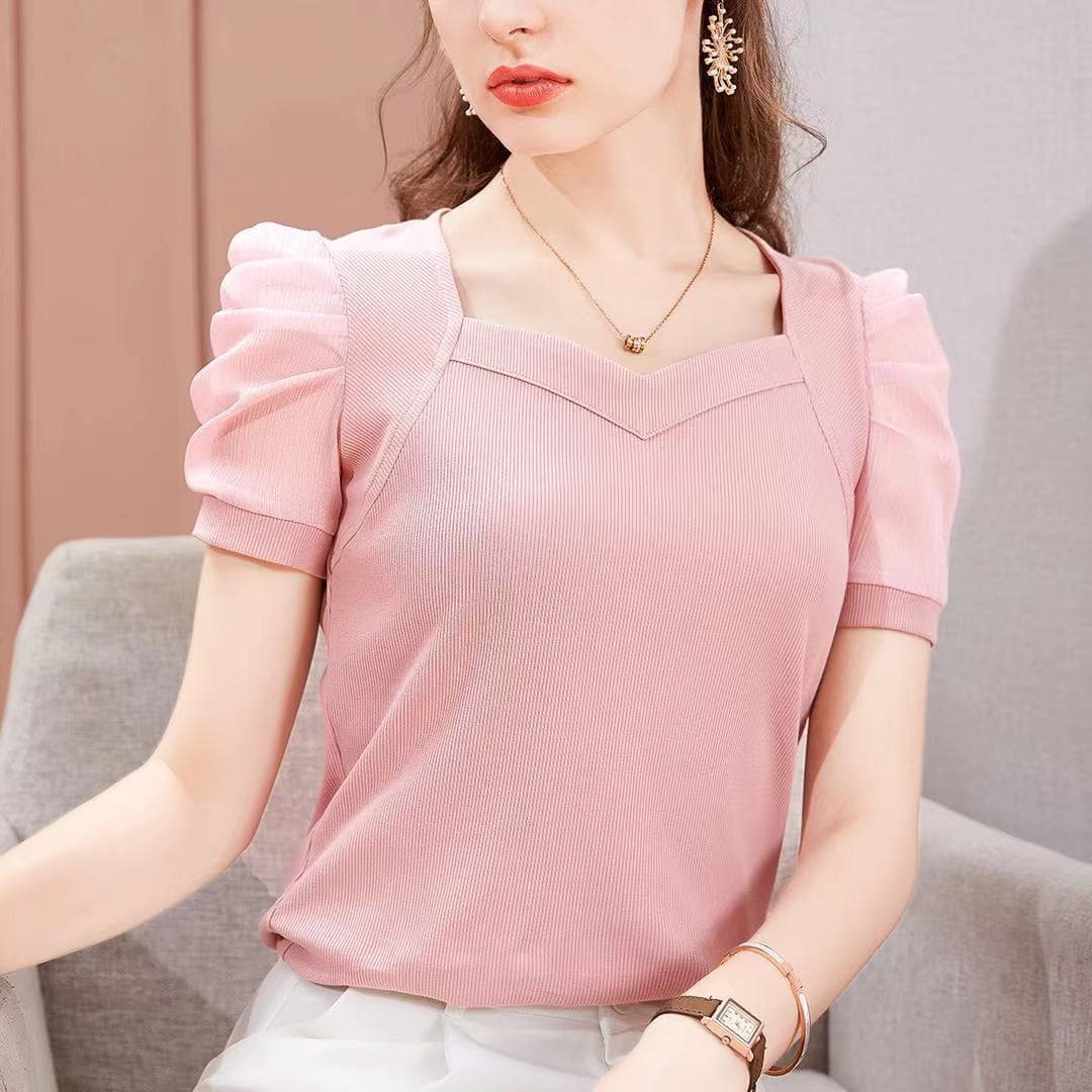 Spot ice silk T-shirt for women 2021 new summer short-sleeved T-shirt French palace style puff sleeve top trendy 9