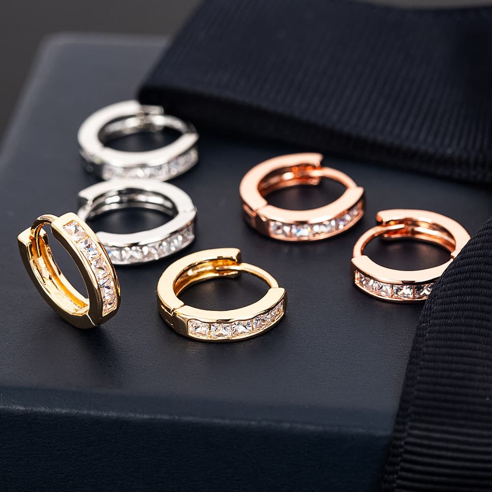 New European and American 10mm CZ Zircon Square Diamond Hoop Earrings Small Earrings for Women Bohemian Rose Gold Silver 1