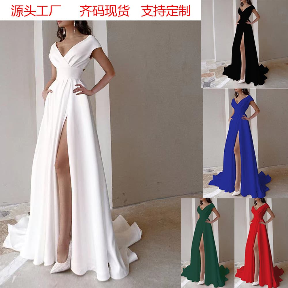 2026 cross-border chest-wrapped ruffled red, black and white mid-waist solid color temperament commuter long skirt dress evening dress 1