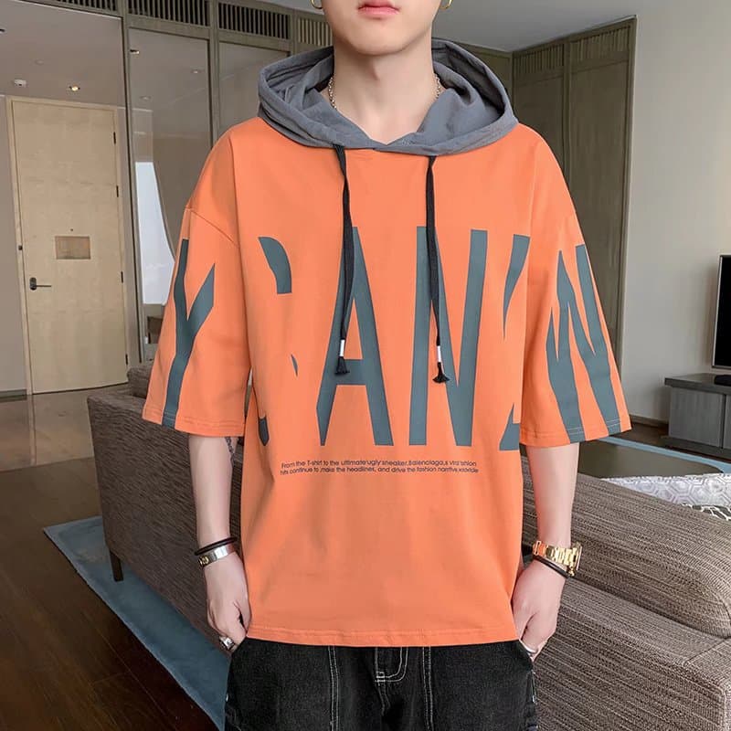 Hooded short-sleeved sweatshirt men's summer trend Korean casual 2022 workwear half-sleeved T-shirt student handsome top 2