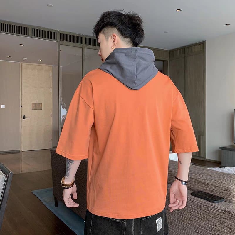 Hooded short-sleeved sweatshirt men's summer trend Korean casual 2022 workwear half-sleeved T-shirt student handsome top 5