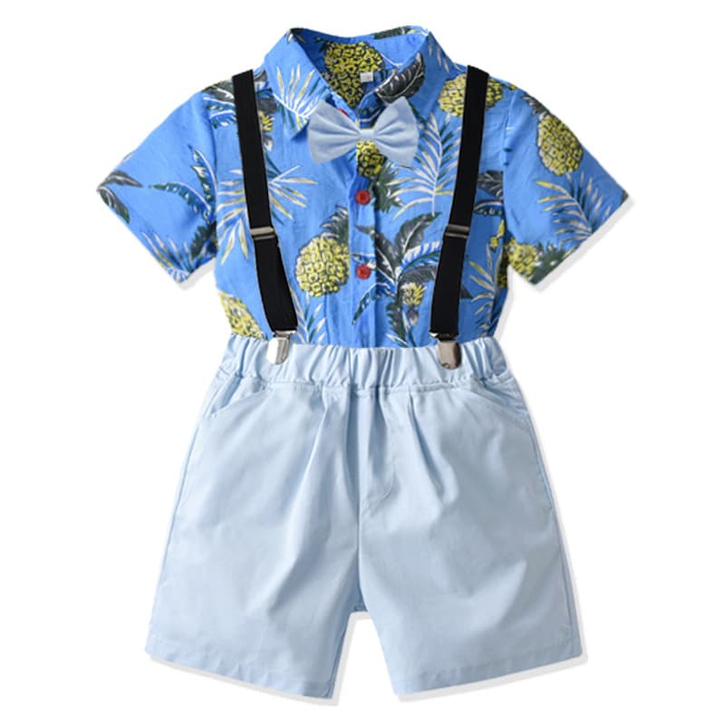 Boy's Bow Short Sleeve Shirt Overalls Suit Children's Beach Performance Party Dress Summer Dropshipping 2