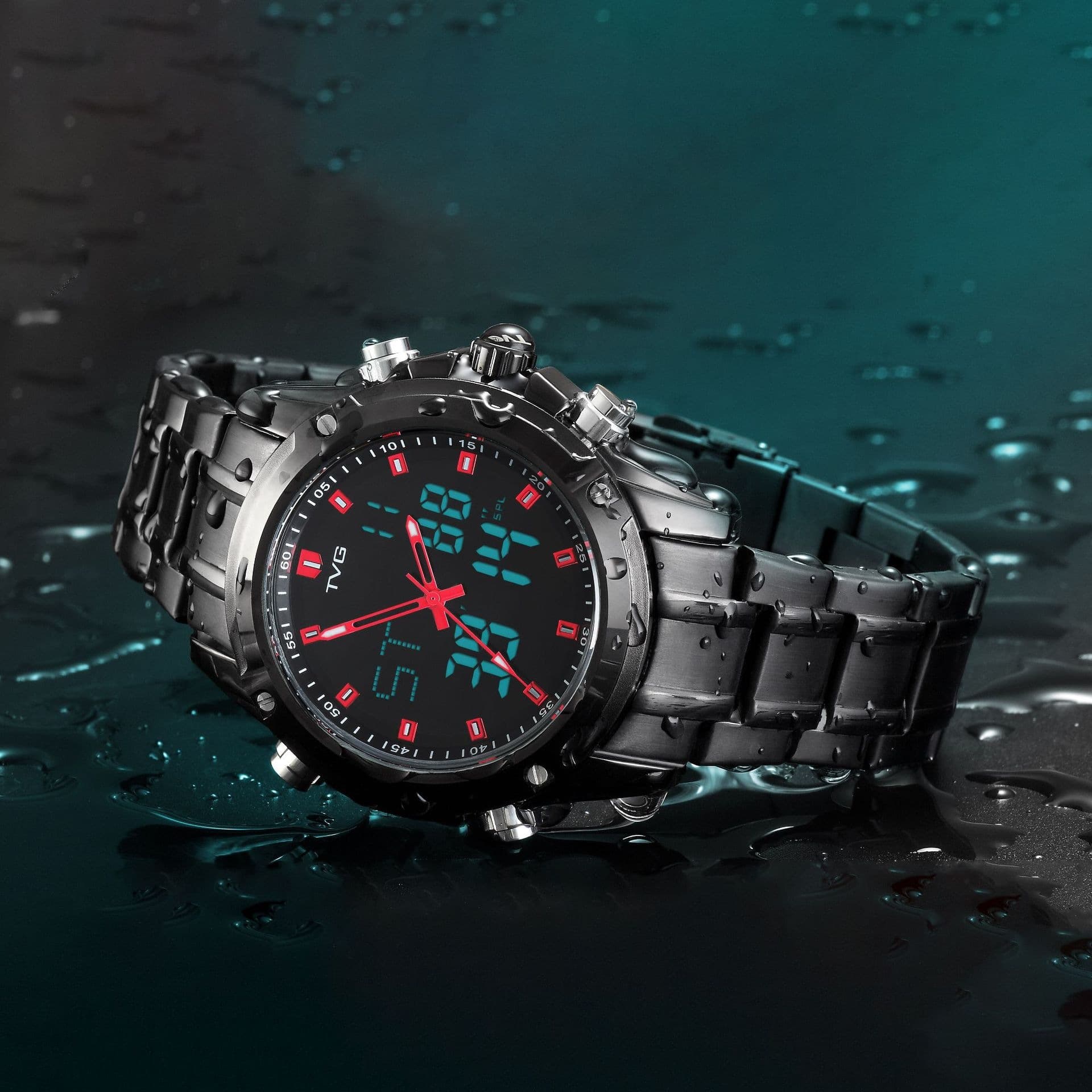 TVG dual display led digital analog quartz watch waterproof multifunctional sports watch men's black 4