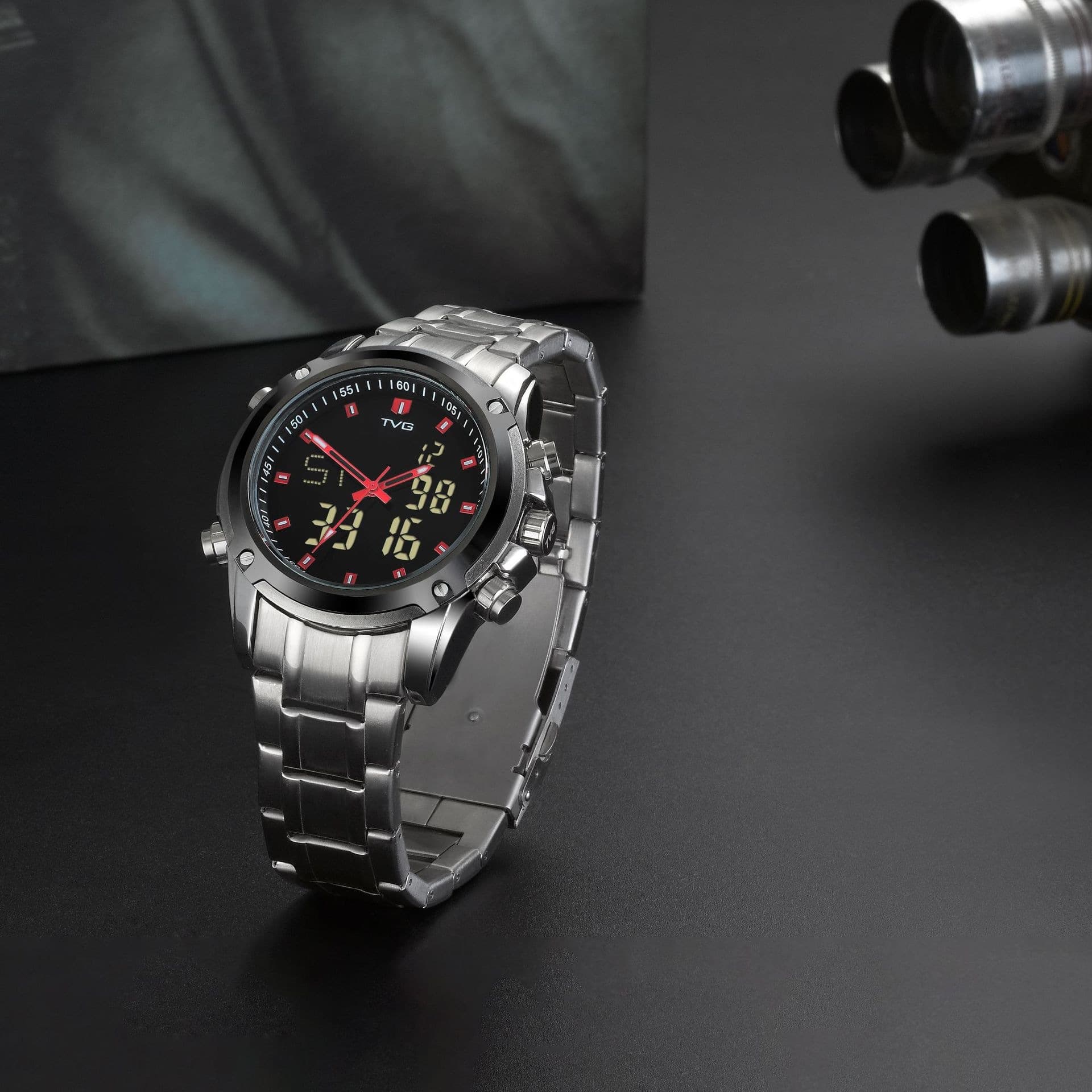 TVG dual display led digital analog quartz watch waterproof multifunctional sports watch men's black 5