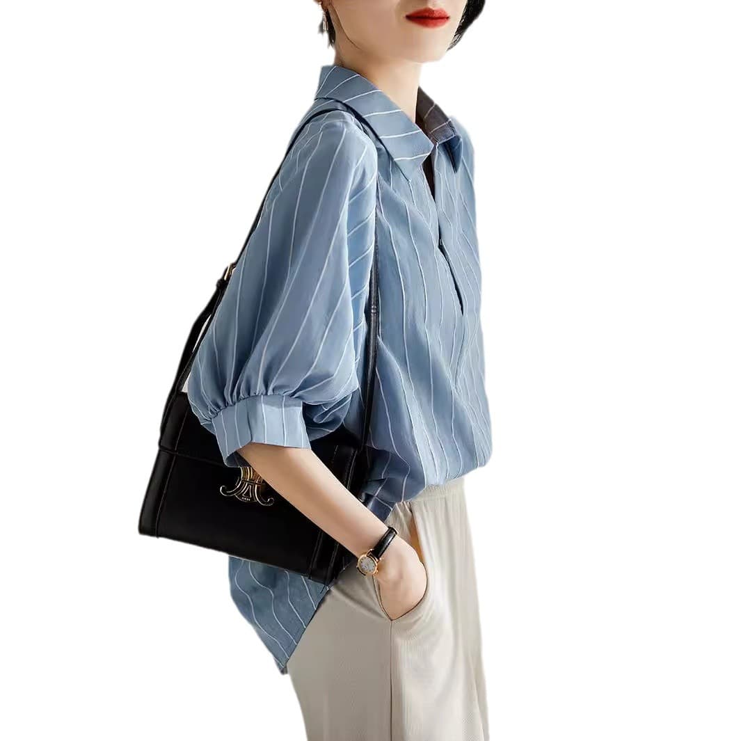 Striped shirt women's three-quarter sleeve summer 2022 new style blue western-style shirt feminine chic design top 6