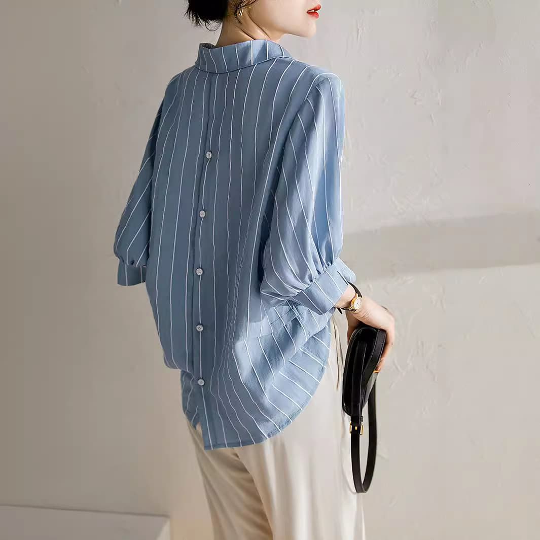 Striped shirt women's three-quarter sleeve summer 2022 new style blue western-style shirt feminine chic design top 1
