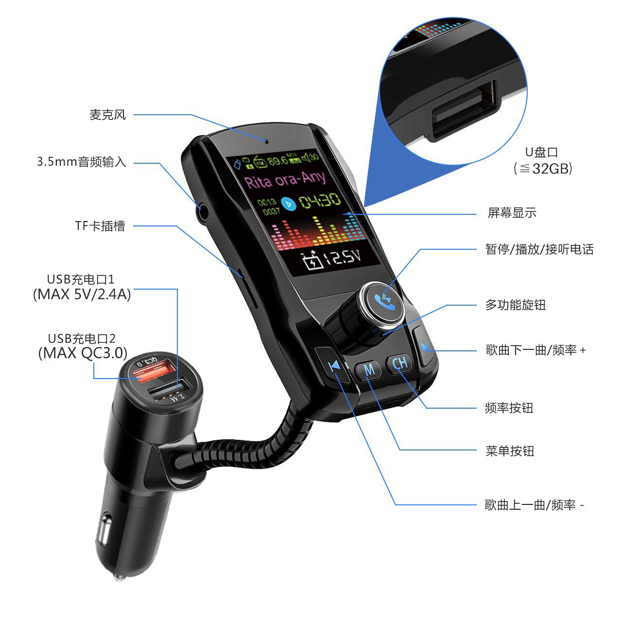 Car Bluetooth Adapter FM Transmitter Mobile Phone Car Charger QC3.0 Old Car Installed Bluetooth Receiver Multi-Interface 6