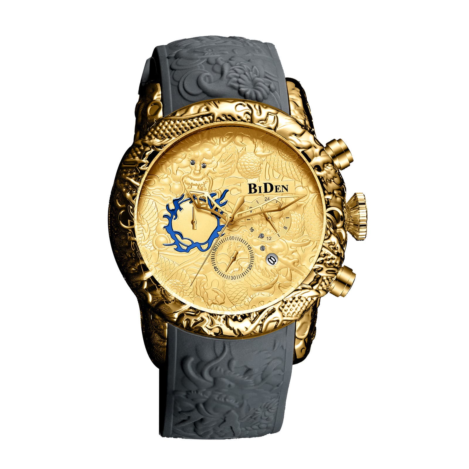 BIDEN Men's Watch Six-Hand Chronograph Waterproof Date Analog Quartz 3D Dragon Design Frog Tape Watch 3
