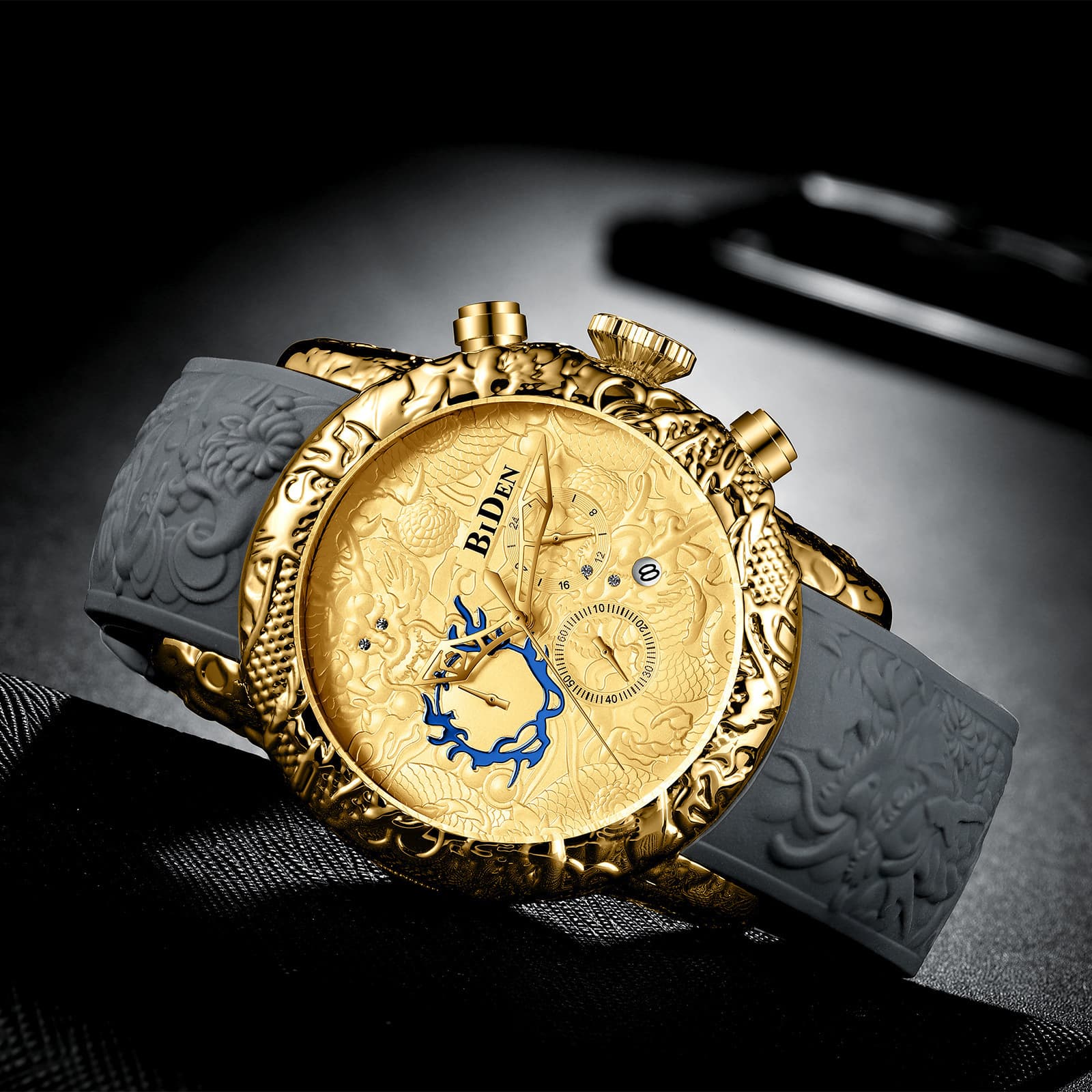 BIDEN Men's Watch Six-Hand Chronograph Waterproof Date Analog Quartz 3D Dragon Design Frog Tape Watch