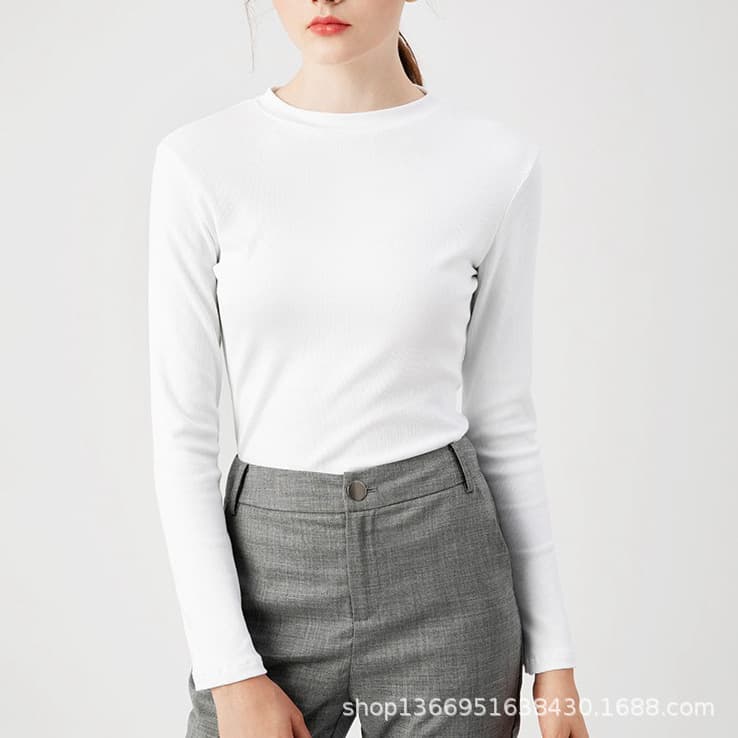 Autumn heavily imported Peruvian cotton small round neck long-sleeved T-shirt for women, white cotton slim-fitting Korean style inner layering shirt 3
