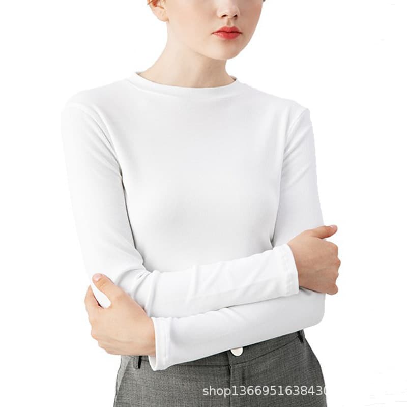 Autumn heavily imported Peruvian cotton small round neck long-sleeved T-shirt for women, white cotton slim-fitting Korean style inner layering shirt 6