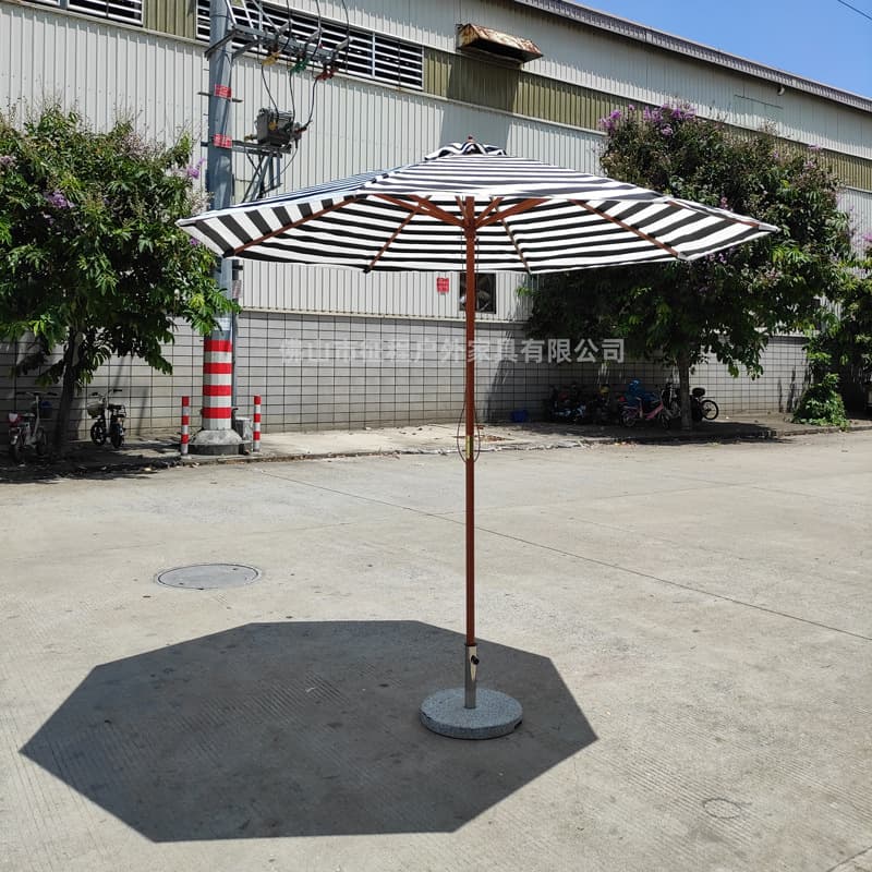 Center column wooden umbrella with green, black, yellow and white color stripes wooden beach umbrella decorative garden drawstring solid wood pole outdoor parasol 3