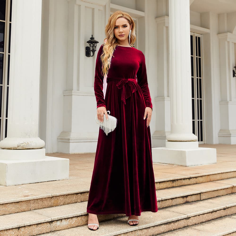 European and American 2025 autumn and winter elegant lady style long dress gold velvet solid color high-end dress 3