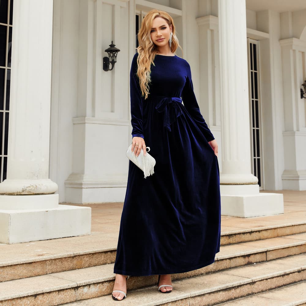 European and American 2025 autumn and winter elegant lady style long dress gold velvet solid color high-end dress 4