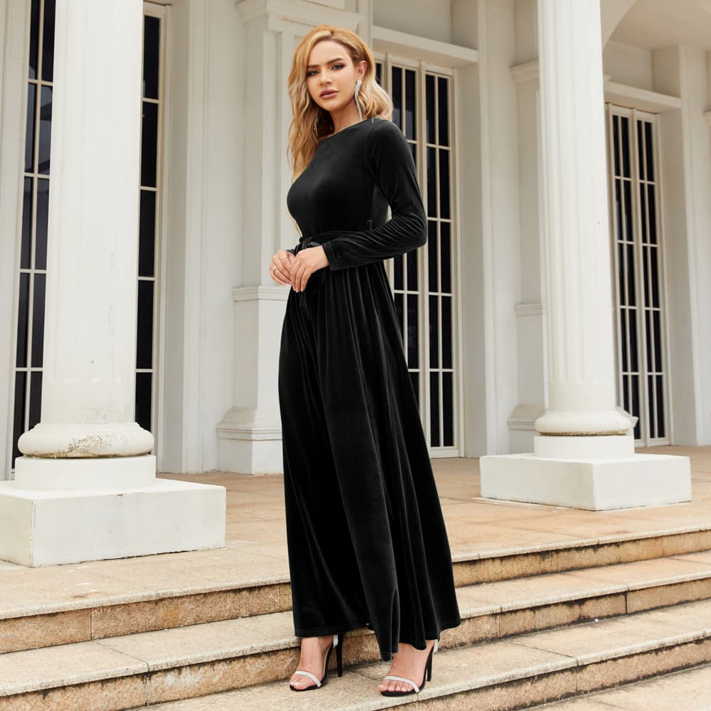 European and American 2025 autumn and winter elegant lady style long dress gold velvet solid color high-end dress 5