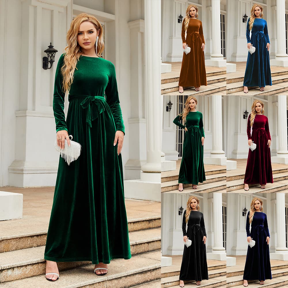 European and American 2025 autumn and winter elegant lady style long dress gold velvet solid color high-end dress 1