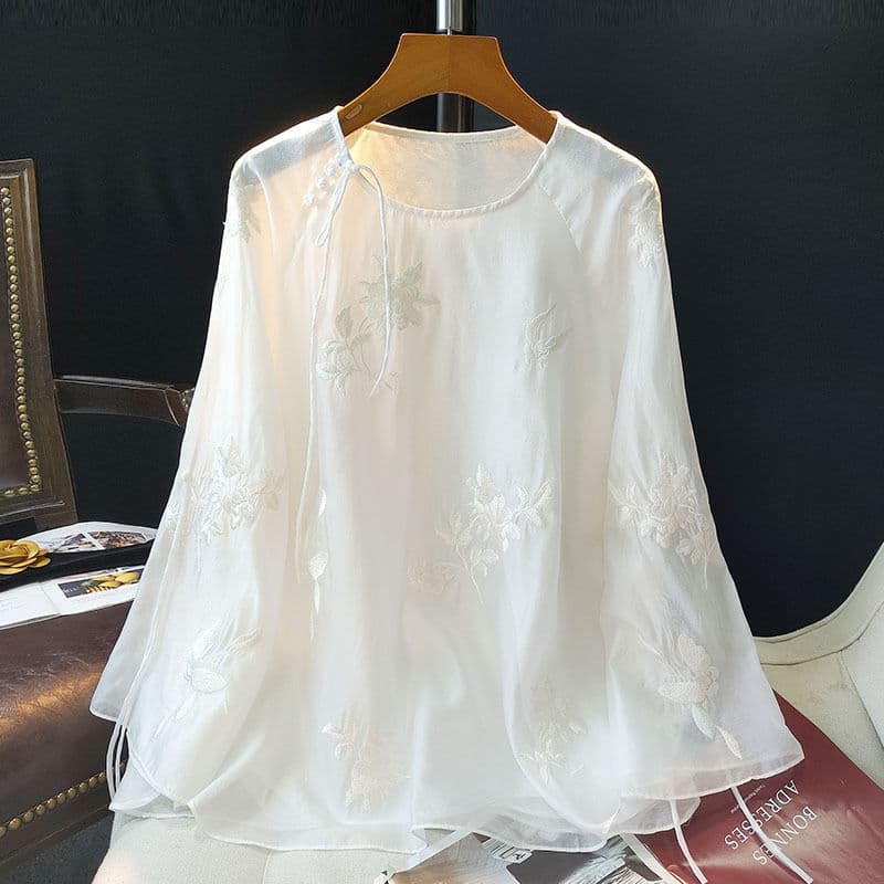 White Chinese round neck embroidered shirt for women 2022 new autumn fashionable and versatile casual national style top trend 1