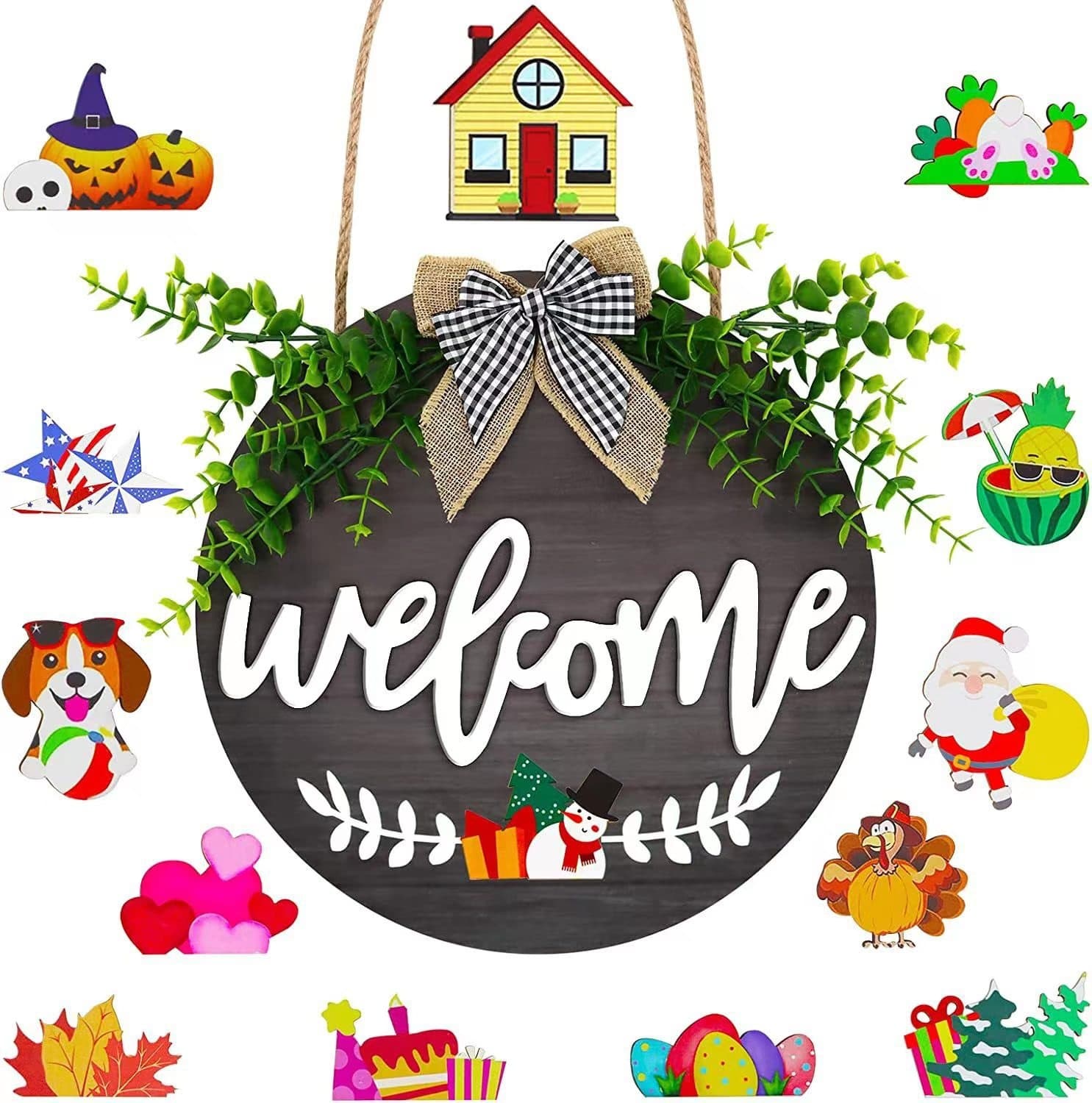 Christmas Interchangeable Welcome Signs Hanging Porch Wreaths with Seasonal Icons Decorate Halloween Door Signs 3
