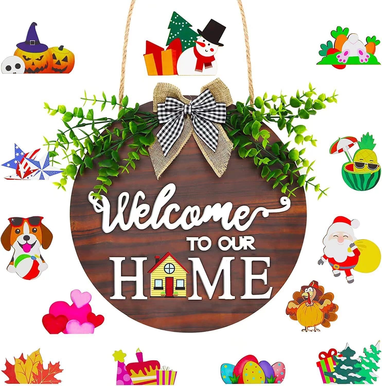 Christmas Interchangeable Welcome Signs Hanging Porch Wreaths with Seasonal Icons Decorate Halloween Door Signs 4