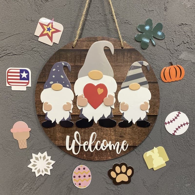 Christmas Interchangeable Welcome Signs Hanging Porch Wreaths with Seasonal Icons Decorate Halloween Door Signs 8