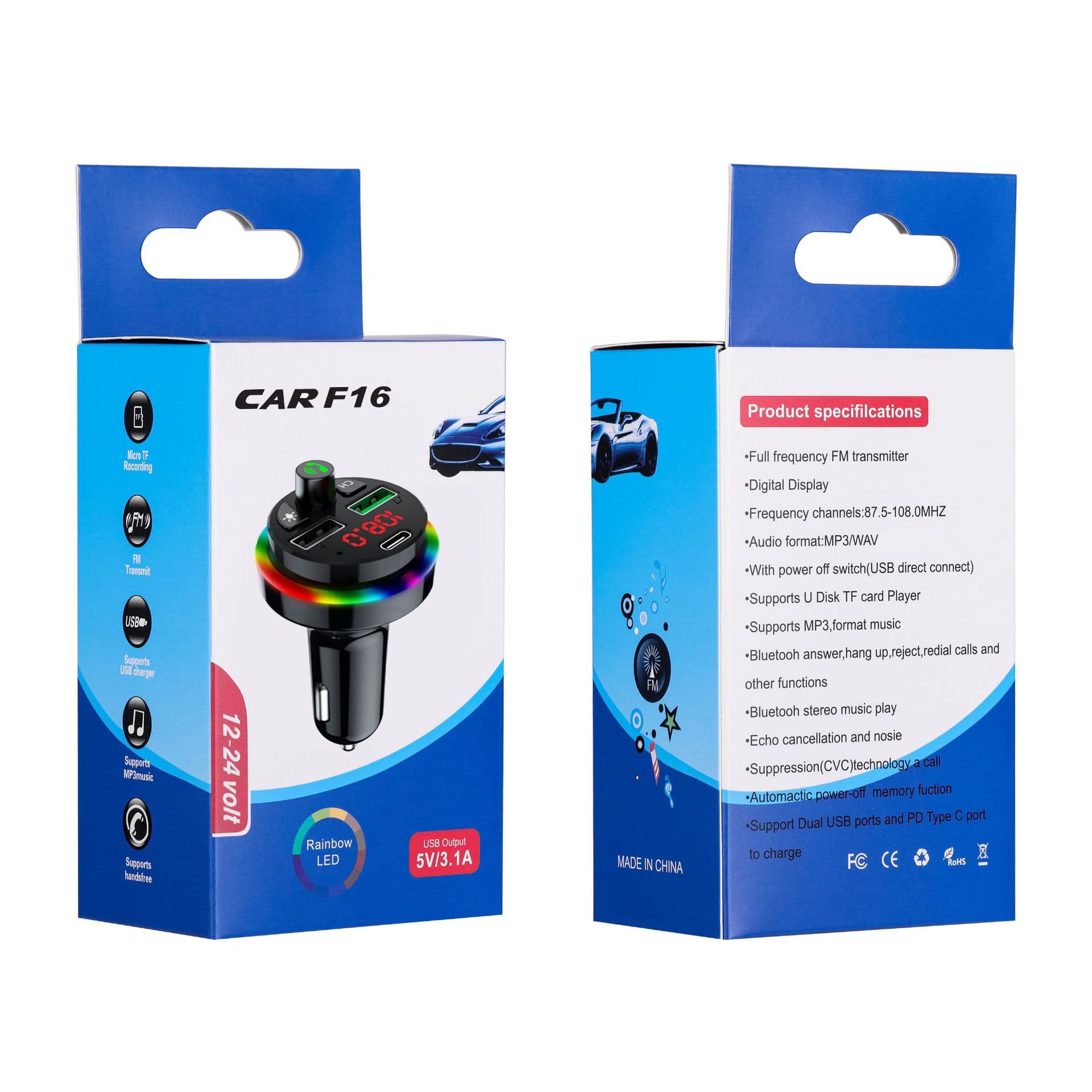 New car FM transmitter car mobile phone charging car dual USB charger Type-c car blue F16 6