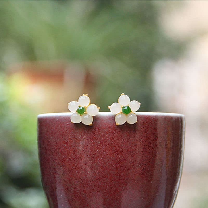 Flower white jade sterling silver needle gold-plated earrings for women, small and versatile ethnic style earrings, light luxury earrings, gift 1