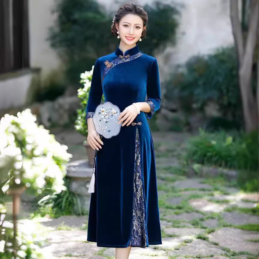 Retro-style improved cheongsam skirt with elegant buckles to cover the belly and slimming stitching with a large hem skirt 2