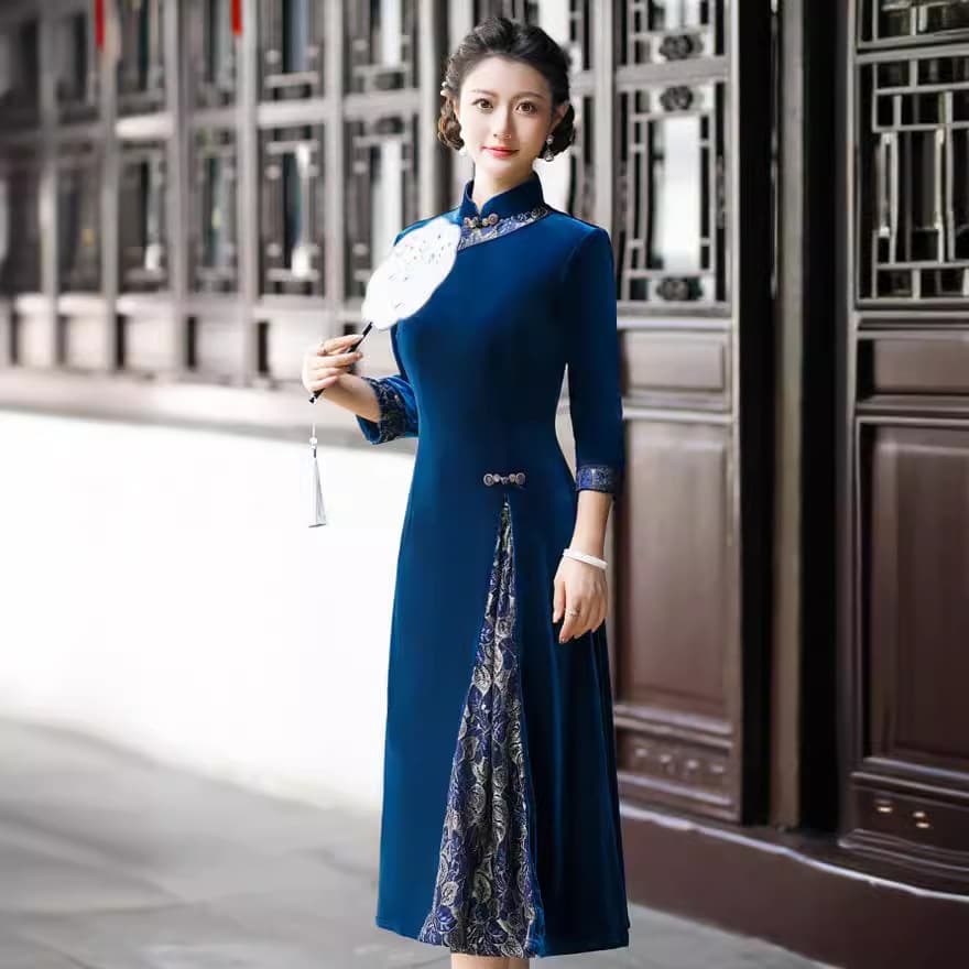 Retro-style improved cheongsam skirt with elegant buckles to cover the belly and slimming stitching with a large hem skirt 4