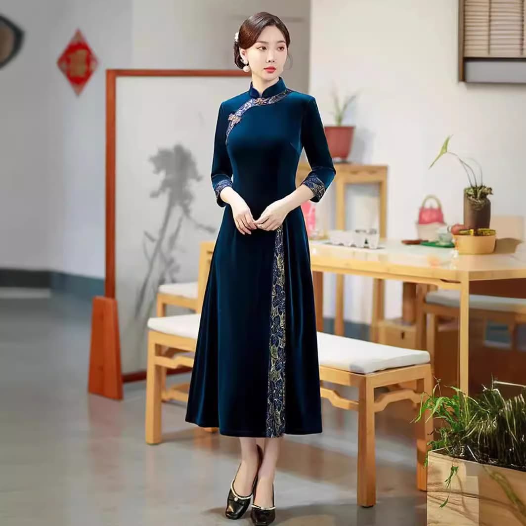 Retro-style improved cheongsam skirt with elegant buckles to cover the belly and slimming stitching with a large hem skirt 6