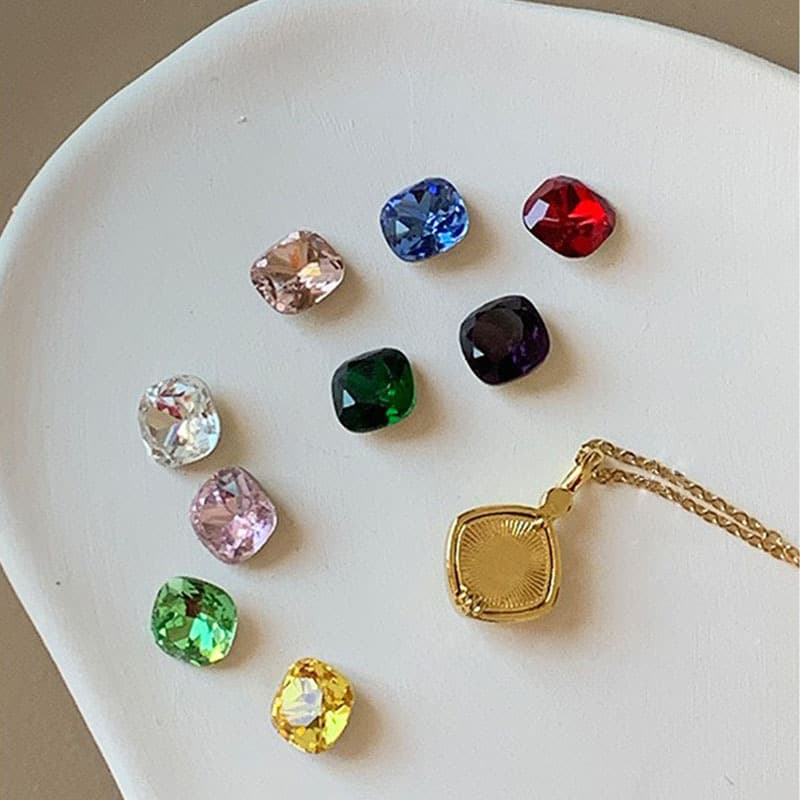 French 12 birthstone square necklace creative exchangeable 12 kinds of colorful zircon open ring treasure box earrings set 3