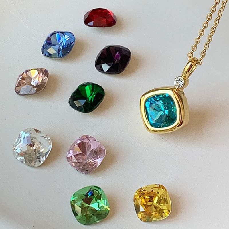 French 12 birthstone square necklace creative exchangeable 12 kinds of colorful zircon open ring treasure box earrings set 1