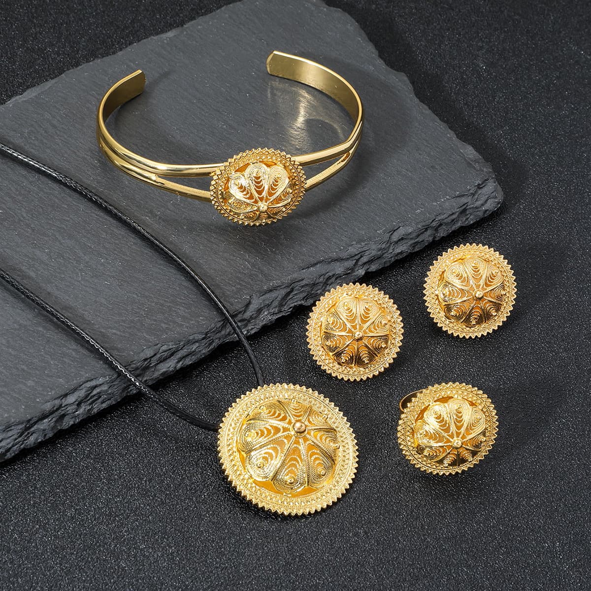Cross-border Middle East eco-friendly popular women's bracelet necklace earrings ring jewelry rich gold 4-piece jewelry set 9