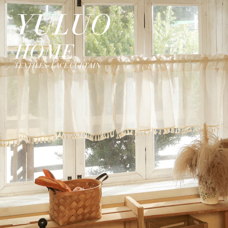 French lace gauze half curtain short curtain Velcro no punching Japanese linen yarn kitchen small curtain door curtain finished product 1