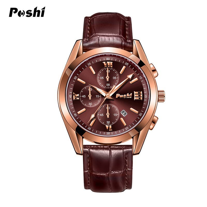POSHI brand fashion men's quartz watch, high-end business waterproof watch, genuine leather men's waterproof watch 10