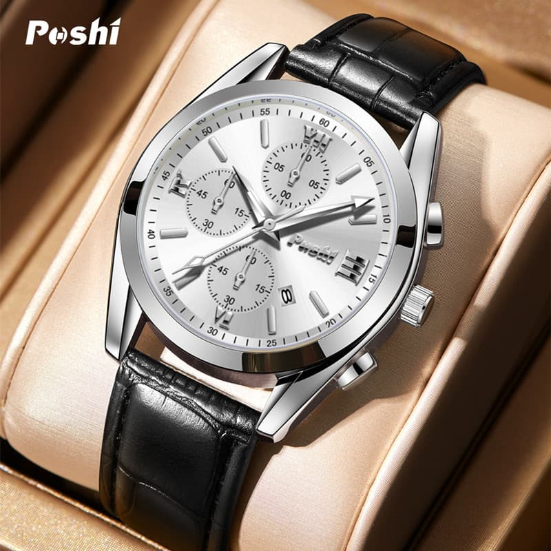 POSHI brand fashion men's quartz watch, high-end business waterproof watch, genuine leather men's waterproof watch 1