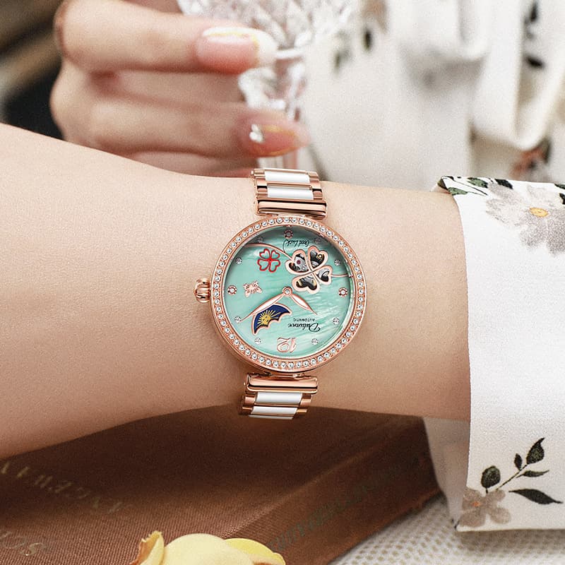 Authentic Lucky Clover fully automatic ladies mechanical watch natural luxury shell surface waterproof ceramic watch 9
