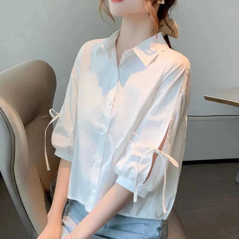Mid-sleeve shirt for women, summer fashion, new style, loose and breathable top, five-point lantern sleeve shirt, women's short-sleeved shirt 3