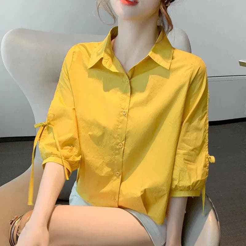 Mid-sleeve shirt for women, summer fashion, new style, loose and breathable top, five-point lantern sleeve shirt, women's short-sleeved shirt 5