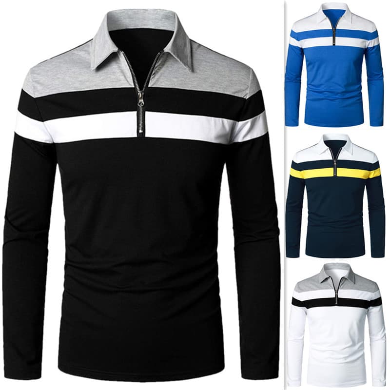 Cross-border men's long-sleeved Polo shirt casual slim shirt contrasting color stitching T-shirt tops foreign trade men's clothing 1