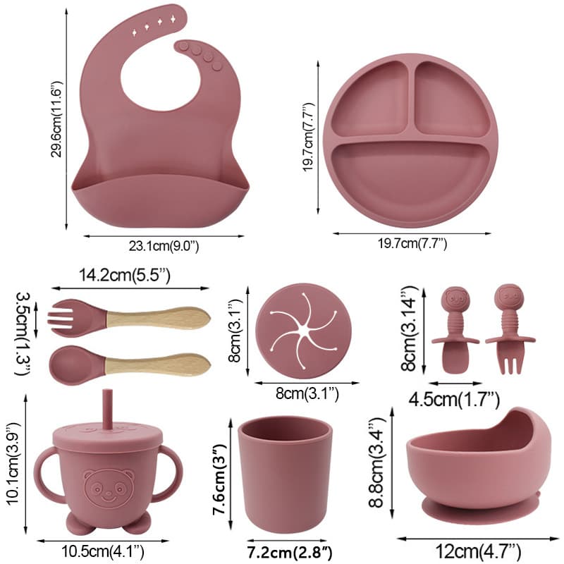 Mother and baby silicone tableware, baby food bowl, feeding supplies, food grade silicone dinner plate, bib, water cup, fork and spoon, cross-border 4