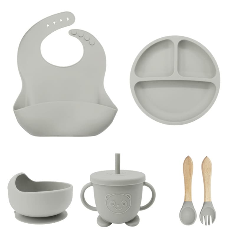 Mother and baby silicone tableware, baby food bowl, feeding supplies, food grade silicone dinner plate, bib, water cup, fork and spoon, cross-border 9