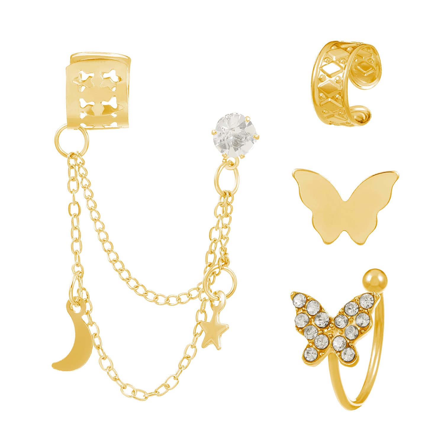 European and American four-piece set with rhinestone butterfly hollow non-perforated cartilage earrings fashionable star and moon integrated chain ear clips 8