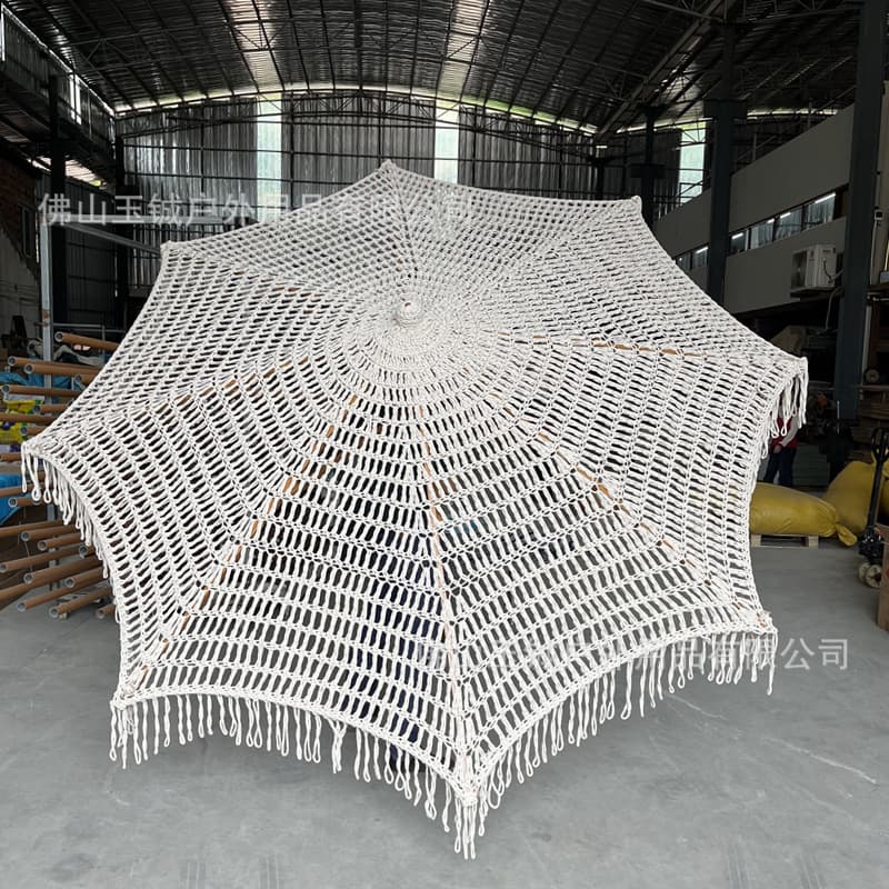 Outdoor garden decoration handmade cotton rope braided garden umbrella hollow braided rope sun umbrella mesh rope tassel beach umbrella 4